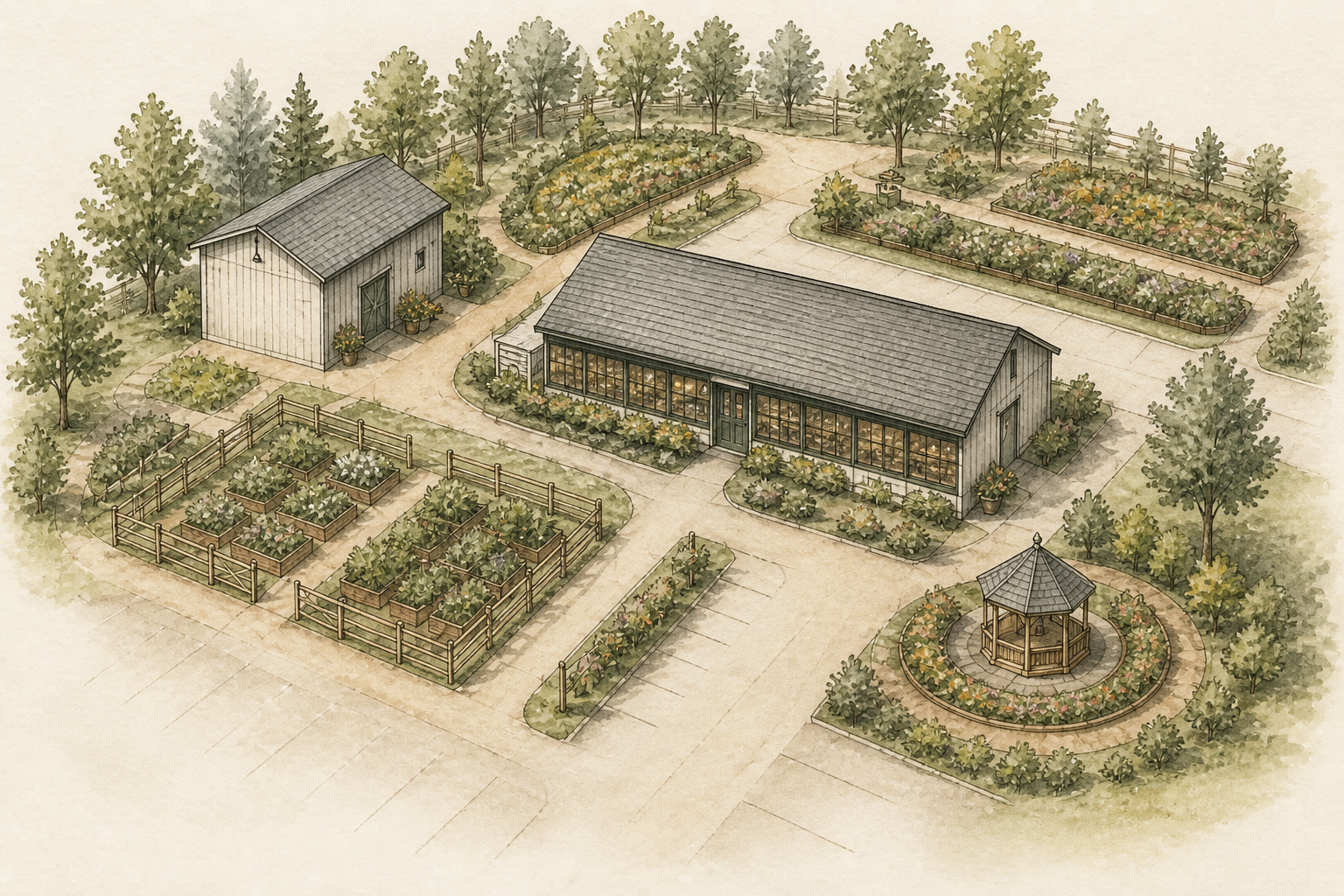 Concept illustration of a possible future Trading Post property with gardens, gathering areas, and an expanded shop