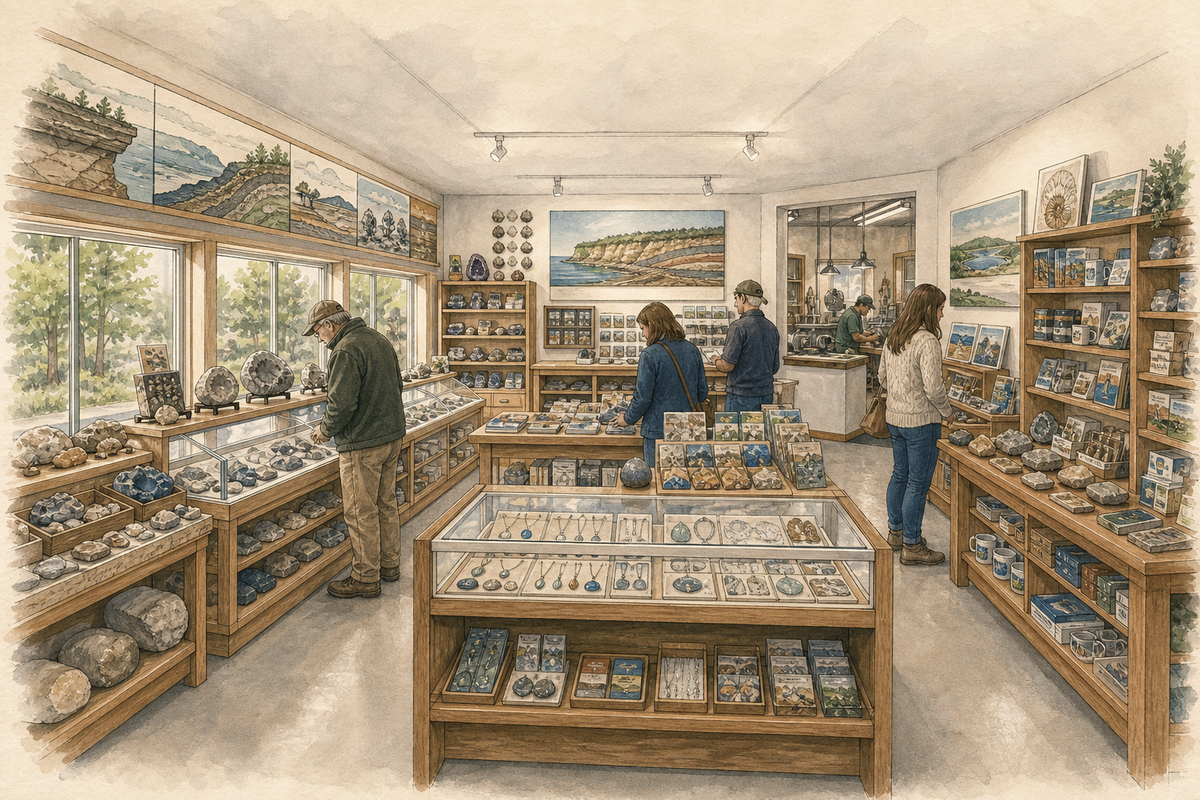 Concept illustration of a future Trading Post interior combining Michigan stone exhibits, jewelry, books, gifts, and visible craft
