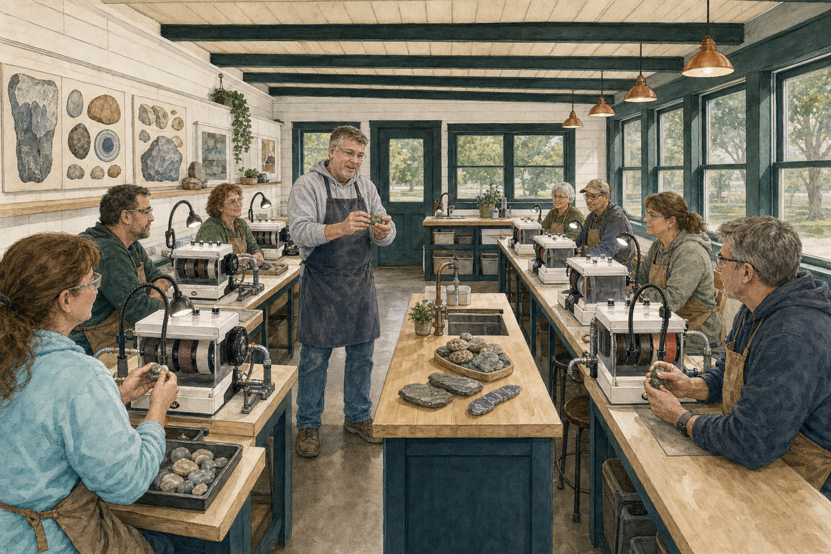Concept illustration of Scot teaching an expanded lapidary class using CabKing polishing stations