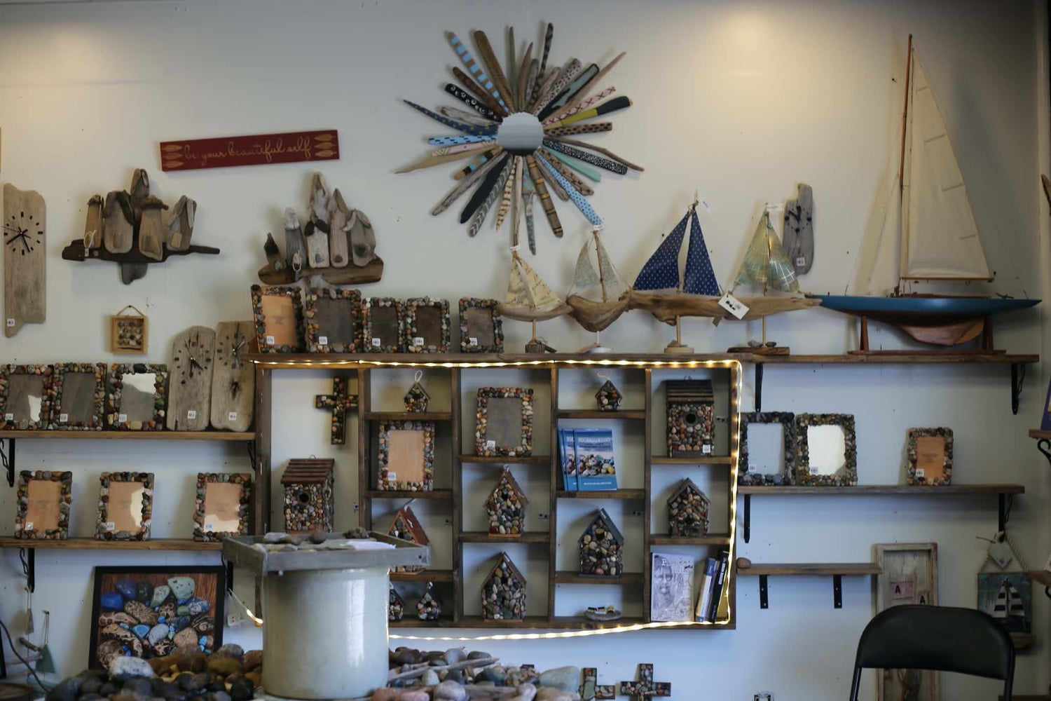 Handmade stone work and displays inside the Trading Post