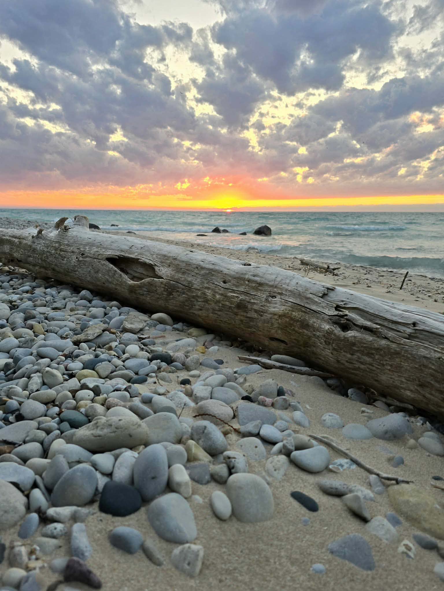 Sunset over a rocky Lake Michigan beach with driftwood in the foreground